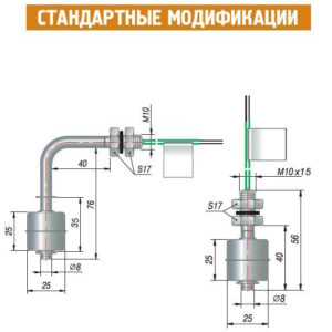 Одноуровневые поплавковые датчики ДРП (ПДУ) изготавливаются в стандартных миниатюрных исполнениях и с любой монтажной длиной штока L и кабеля l